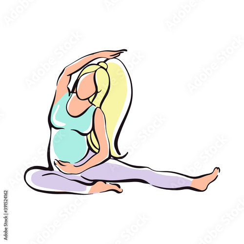  Pregnant girl doing yoga for pregnant women. Fitness, sports for pregnant women 