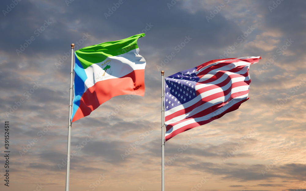 Beautiful national state flags of USA and Equatorial Guinea together at the sky background. 3D artwork concept. Beautiful national state flags of USA and Equatorial Guinea together at the sky background. 3D artwork concept.