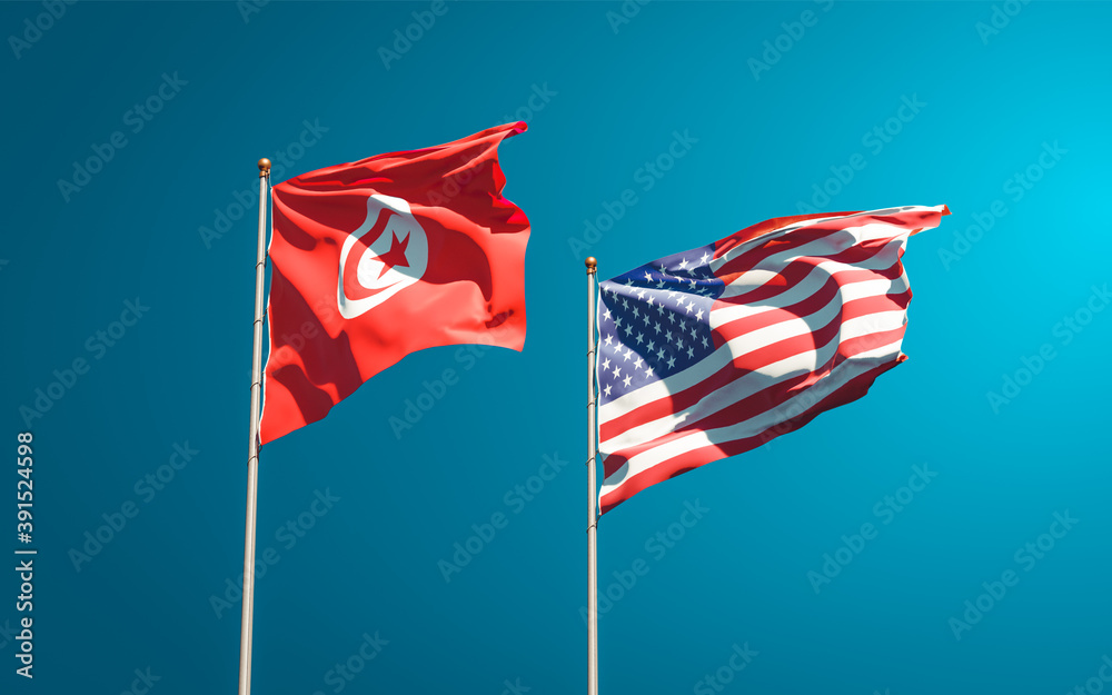 Beautiful national state flags of Tunisia and USA together at the sky background. 3D artwork concept. Beautiful national state flags of Tunisia and USA together at the sky background. 3D artwork concept.
