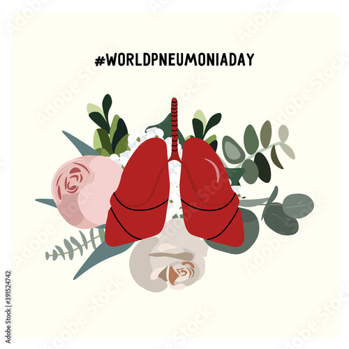 Beautiful vector postcard to World Pneumonia Day. The concept of a healthy and blooming human lungs. Nice vector flat illustration in cartoon style with hashtag from World Health Organization. 