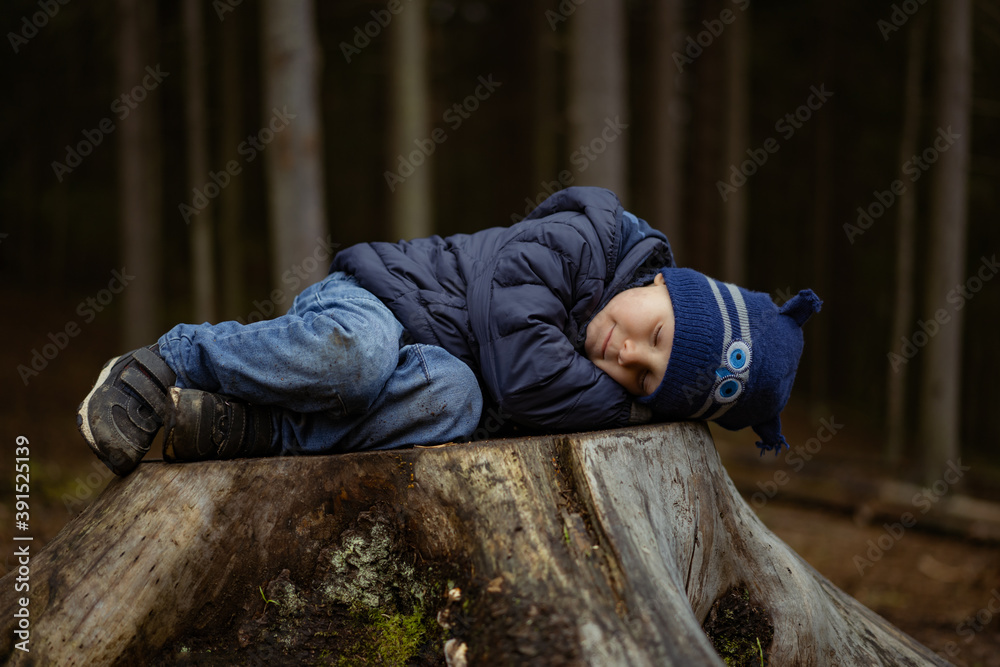 A close up portrait of cute little caucasian boy pretending sleeping, cuddling on big stub in a forest. A close up portrait of cute little caucasian boy pretending sleeping, cuddling on big stub in a forest.