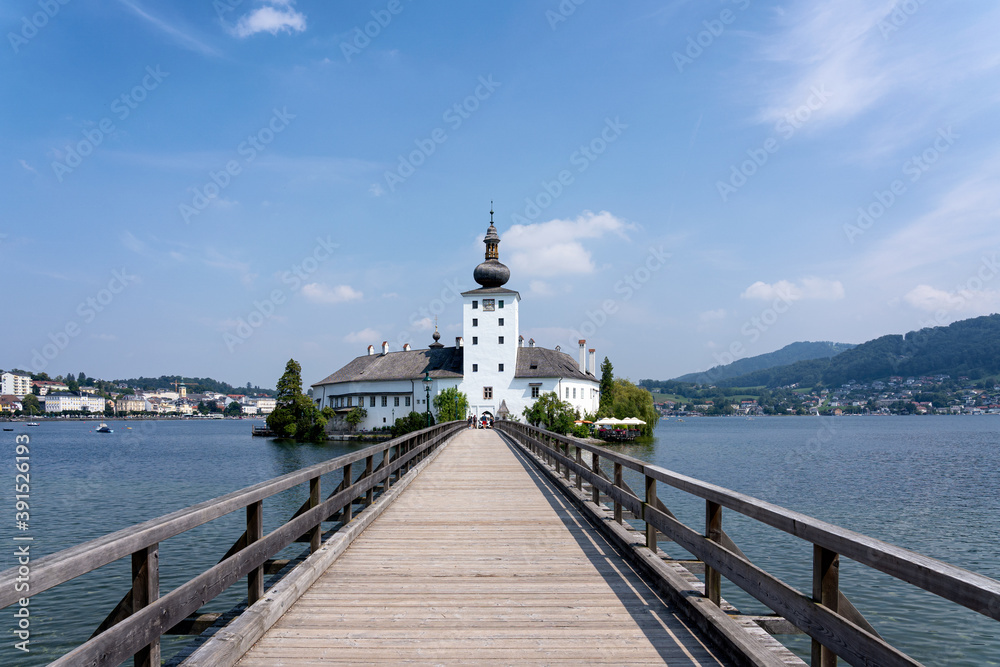 Water Castle Schloss Ort with Wooden Bridge in Upper Austria