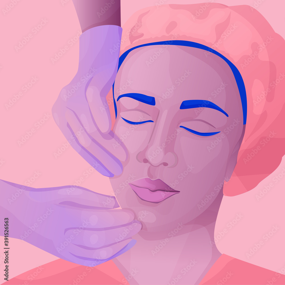 Fototapeta Vector illustration of a woman doing cosmetic procedures. Facial injections and plastic surgery. Facial massage in trendy gradient style.