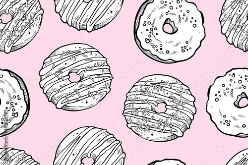 Different donuts seamless pattern, hand drawn vector