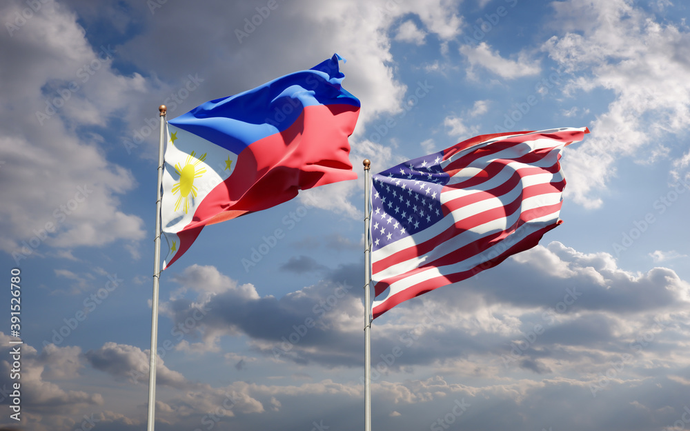 Beautiful national state flags of Philippines and USA together at the sky background. 3D artwork concept. Beautiful national state flags of Philippines and USA together at the sky background. 3D artwork concept.