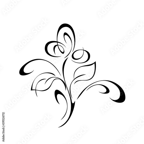 ornament 1371. stylized flower with large petals on a stem with leaves and curls of black lines on a white background