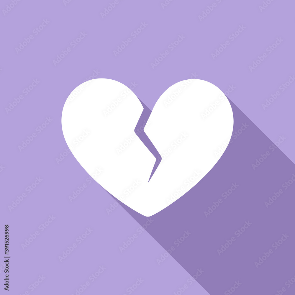 Broken heart with crack in the middle valentine's day icon. Simple flat vector illustration design with long shadow graphic element for card, sticker, print, etc.