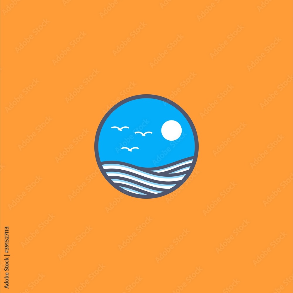 Rounded Shaped Summer Blue Sea Icon Illustration On Orange Background Rounded Shaped Summer Blue Sea Icon Illustration On Orange Background