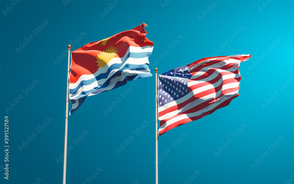 Beautiful national state flags of Kiribati and USA together at the sky background. 3D artwork concept. Beautiful national state flags of Kiribati and USA together at the sky background. 3D artwork concept.