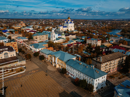 Historical downtown of Yelets from drone flight