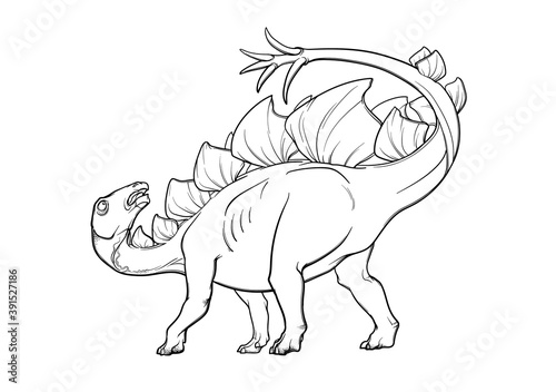Stegosaurus in defensive position. Black linear hand drawing isolated on a white background. Coloring Book page. EPS10 Vector illustration