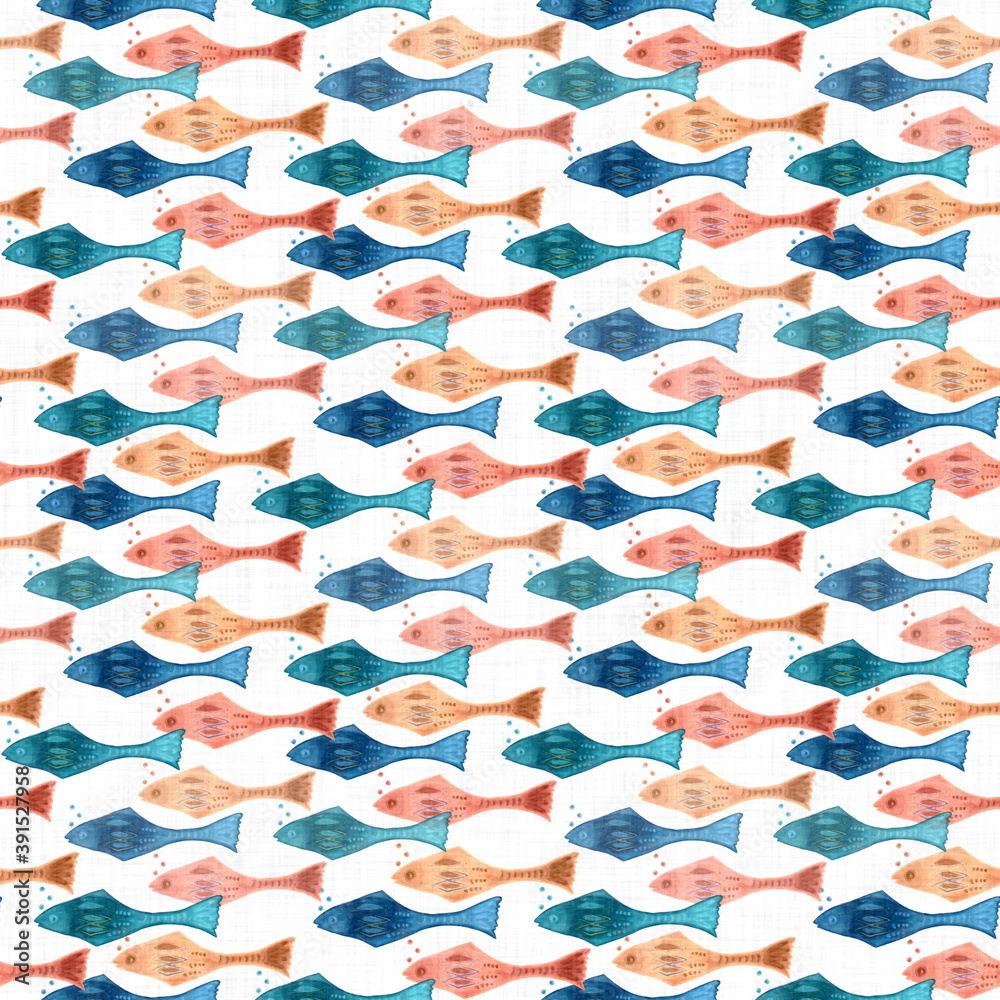 Watercolor hand painted school of  fish background. Summer coastal living style home decor pattern. Seafood animal fishes seamless tileable backdrop. Isolated on white paper swatch.
