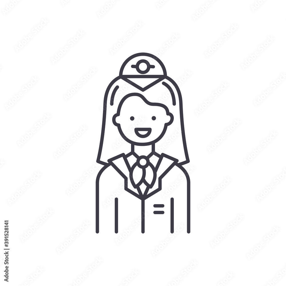 Air hostess concept icon, linear isolated illustration, thin line vector, web design sign, outline concept symbol with editable stroke on white background. Air hostess concept icon, linear isolated illustration, thin line vector, web design sign, outline concept symbol with editable stroke on white background.