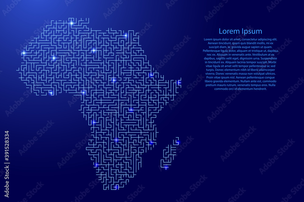 Africa mainland map from blue pattern of the maze grid and glowing space stars grid. Vector illustration.