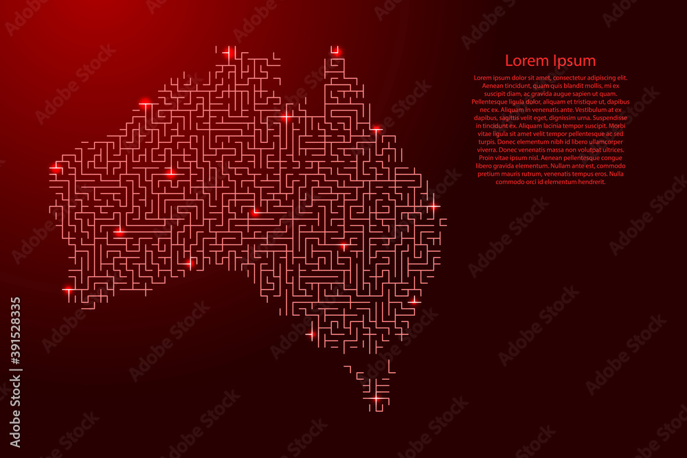 Australia map from red pattern of the maze grid and glowing space stars grid. Vector illustration.