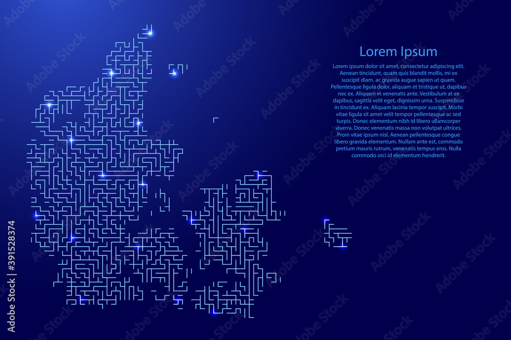 Denmark map from blue pattern of the maze grid and glowing space stars grid. Vector illustration.