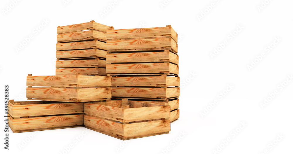 3D render of Wooden crates stack isolated on white background. Empty wooden crates 3D render of Wooden crates stack isolated on white background. Empty wooden crates