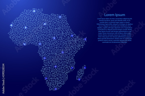 Africa mainland map from blue pattern of the maze grid and glowing space stars grid. Vector illustration.