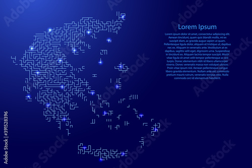 Greece map from blue pattern of the maze grid and glowing space stars grid. Vector illustration.