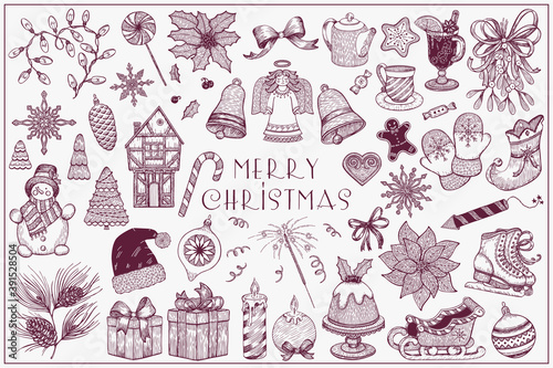 Large vector collection Christmas elements in vintage engraving graphic style. New year decoration set with ink hand drawn elements. Romantic illustration, greeting card. Winter template.