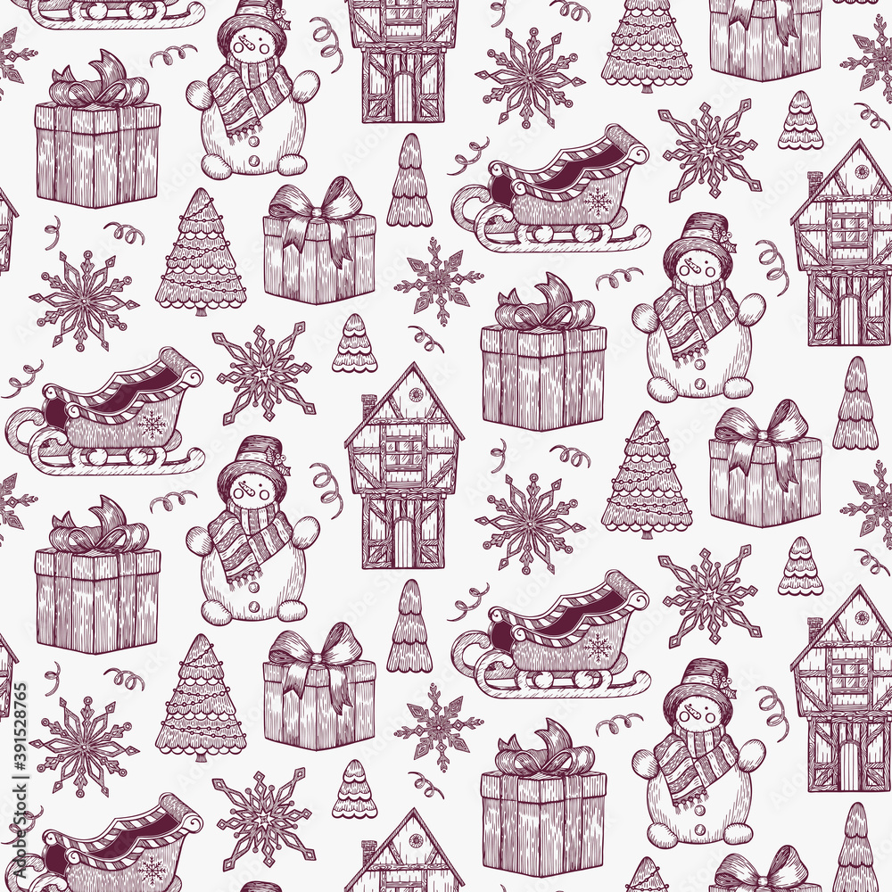Vector seamless pattern Christmas, New Year with hand drawn elements. Romantic illustration in vintage style, greeting card. Winter template.