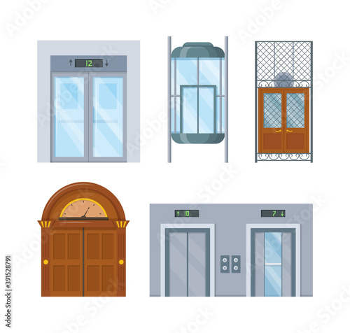 Modern and vintage house interior with lift mechanisms. Wooden of metal lifts elevator cabin with closed doors. Lift with office, home, hotel isolated cartoon