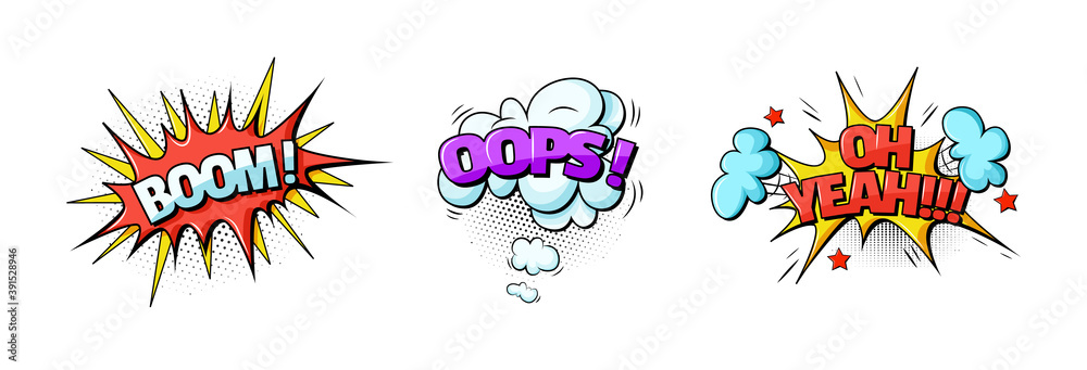 Comic speech bubble. Speech clouds with quotes, exclamations, surprise, admiration, anger, sound effects pop art crash, zap,smash. Cartoon pattern with comic speech bubble, boom, burst clouds.