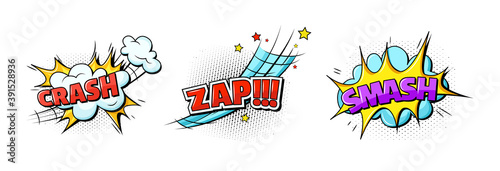 Comic speech bubble. Speech clouds with quotes, exclamations, surprise, admiration, anger, sound effects pop art crash, zap,smash. Cartoon pattern with comic speech bubble, boom, burst clouds.