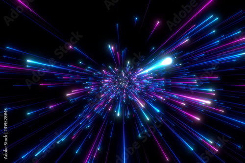 Abstract background in blue and purple neon glow colors. Speed of light in galaxy. Explosion in universe. Cosmic background for event, party, carnival, celebration or other. 3D rendering.