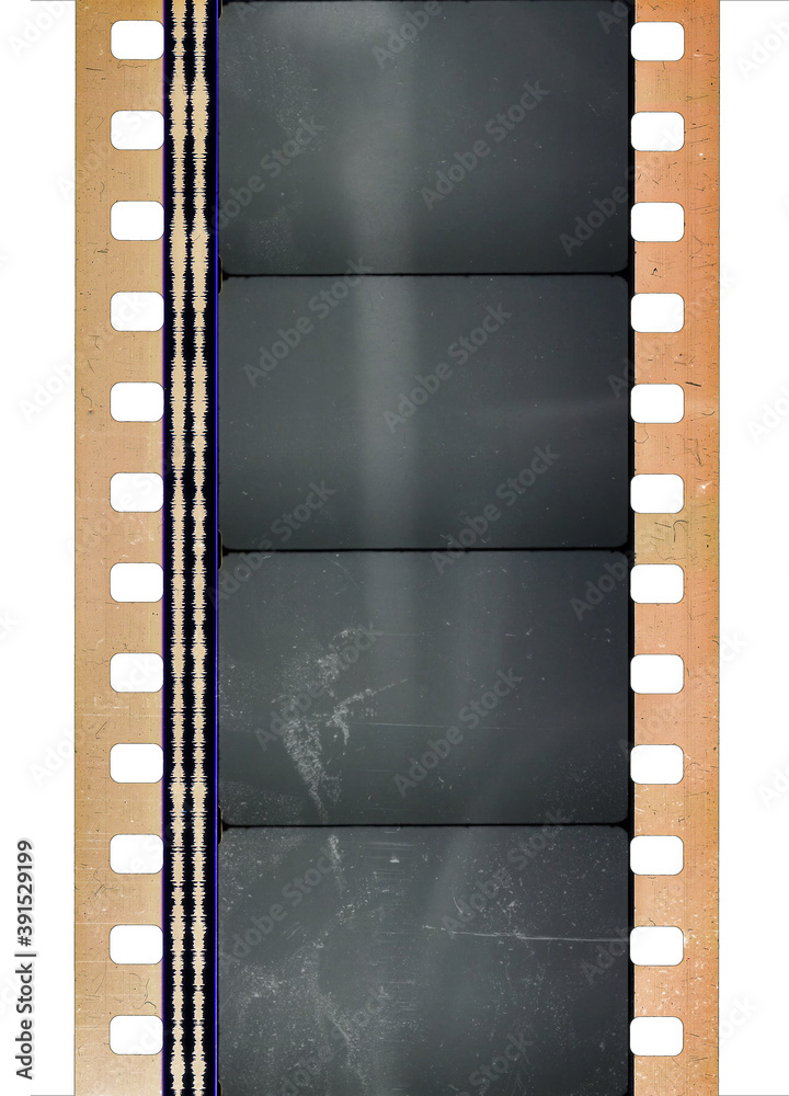 Obraz premium concept photo of 35mm cine film strip with empty frames isolated on white backgroud with cool texture and optical stereo sound showing the amplitude of the audio signal, analog sound part. 