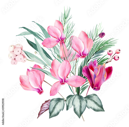 Fototapeta Naklejka Na Ścianę i Meble -  Watercolor Pink cyclamen and  poinsettia clipart with eucalyptus leaves. Pink Christmas decoration for digital scrapbooking, Winter bouquet with pink florals