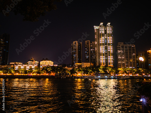 Guangzhou/china-24 Aug 2019:Cityscape of Guangzhou city with pearl river in the night.Guangzhou also known as Canton is the capital and most populous city of  Guangdong