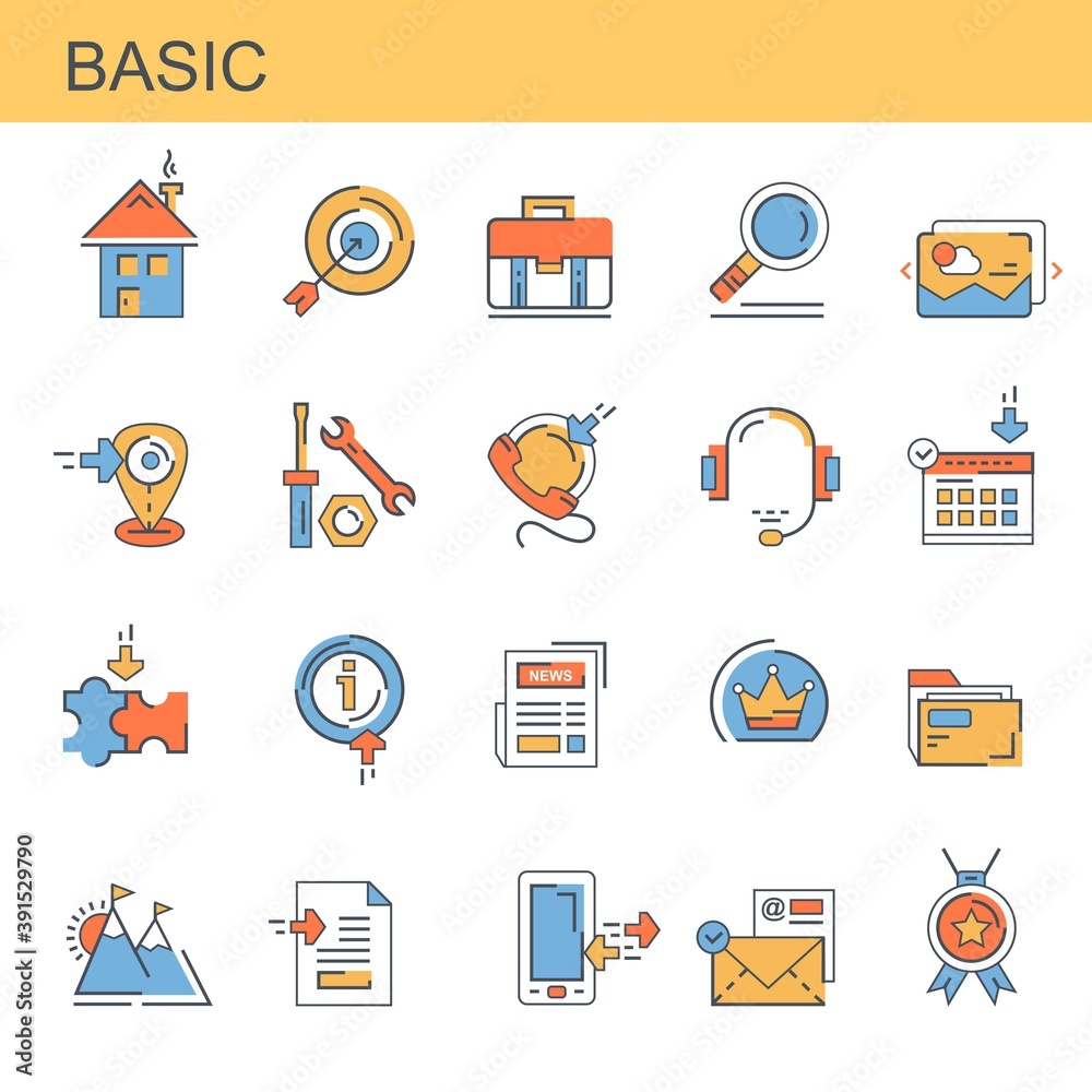 Basic. Set of icons for the site. Set of vector, color, flat, modern icons. The set contains icons such as home page, location and others. Basic. Set of icons for the site. Set of vector, color, flat, modern icons. The set contains icons such as home page, location and others.