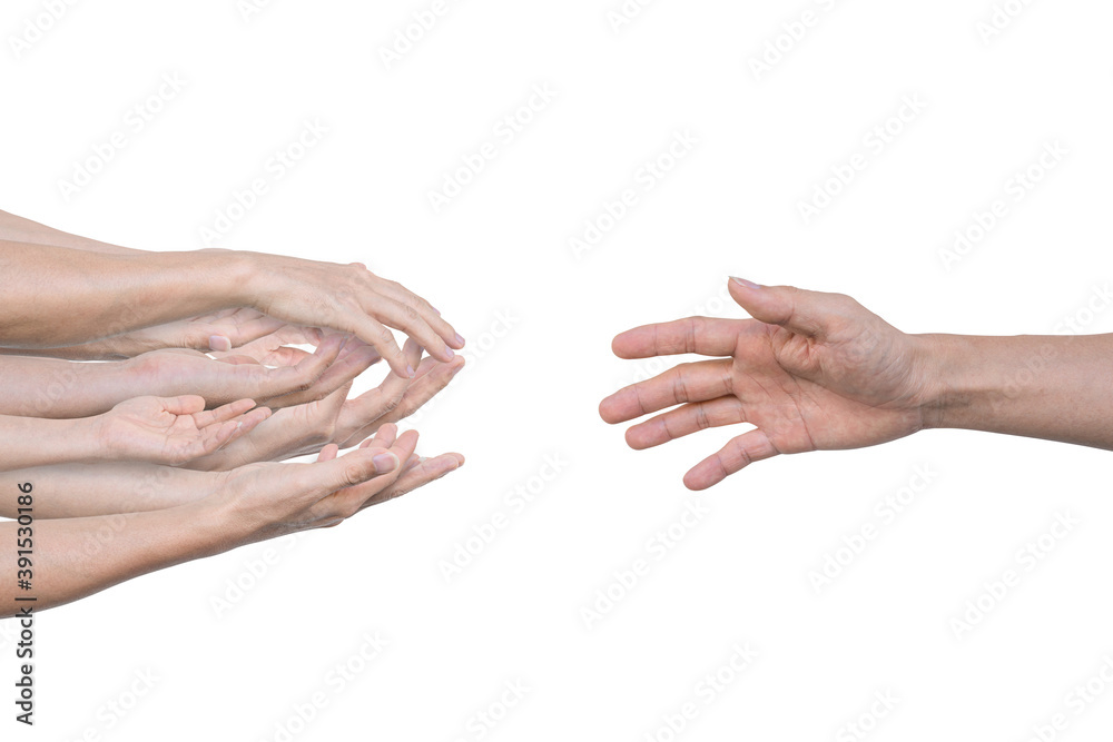 Hand reaching for helping hand, Isolated on white background.
