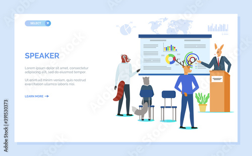 Speaker showing info on whiteboard vector, hipster animal giving presentation to cat and sloth, deer with pointer business information planning. Website or webpage template, landing page flat style