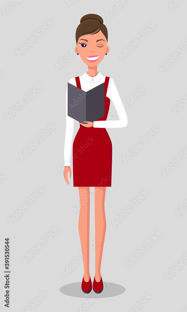 Pretty young slim woman character in business clothes. Smiling business woman with closed eye winking standing with a folder in hands. Businesswoman wearing a blouse standing straight at full height Pretty young slim woman character in business clothes. Smiling business woman with closed eye winking standing with a folder in hands. Businesswoman wearing a blouse standing straight at full height