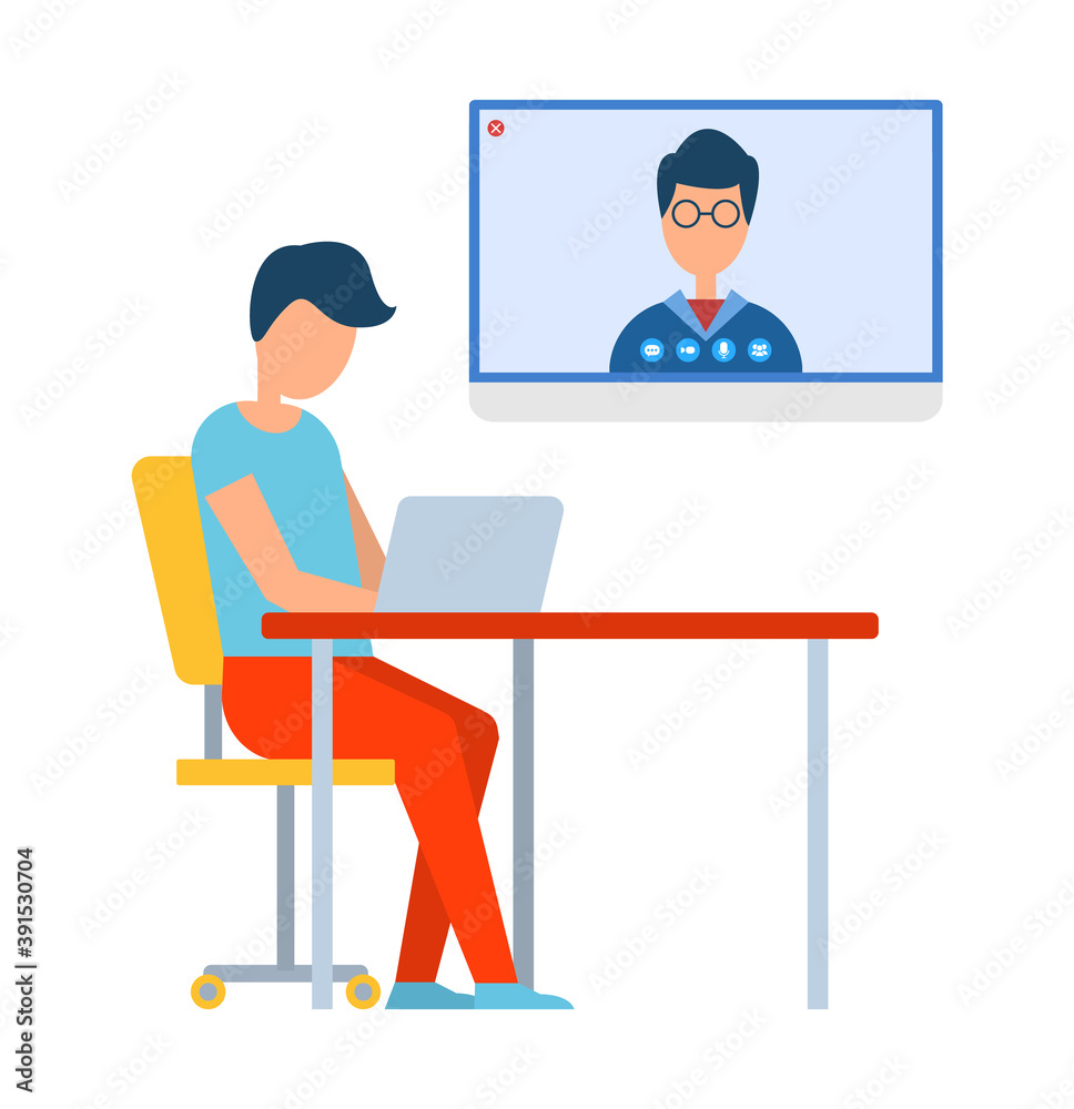 Person sitting at table with laptop, online video conference, modern communication and discussion with computer, internet connection, screen vector