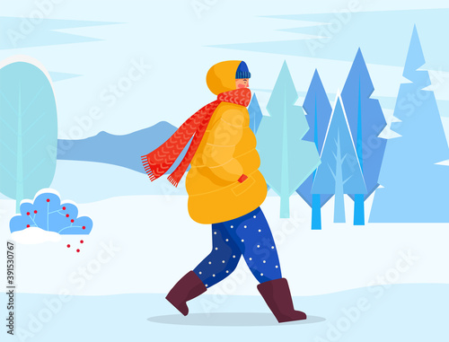 Person walk in snowy forest or park alone. Woman or man dressed in warm clothes like overcoat, hat and scarf. Beautiful snowy landscape with fir trees and shrubs. Vector illustration in flat style