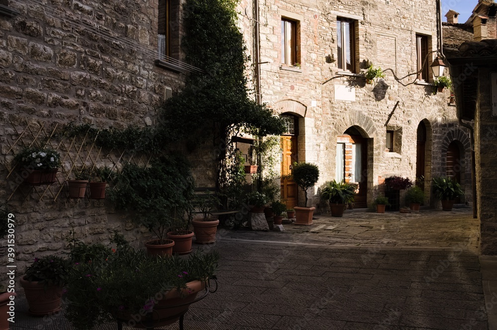 Obraz premium An alley of a medieval Italian village with stone houses, wooden doors, plants and flowers (Gubbio, Umbria, Italy, Europe)