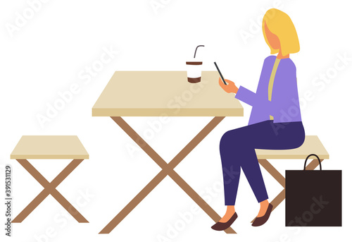 Outdoors cafe table and bench vector, woman drinking coffee from plastic cup. Isolated character looking at smartphone reading news and info in cell