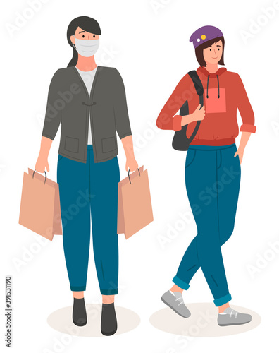 Woman wearing medical face mask to protect against air toxic pollution city, stop spread of viruses coming with purchases and girl in sportswear in a hat carries a backpack on her shoulder on white