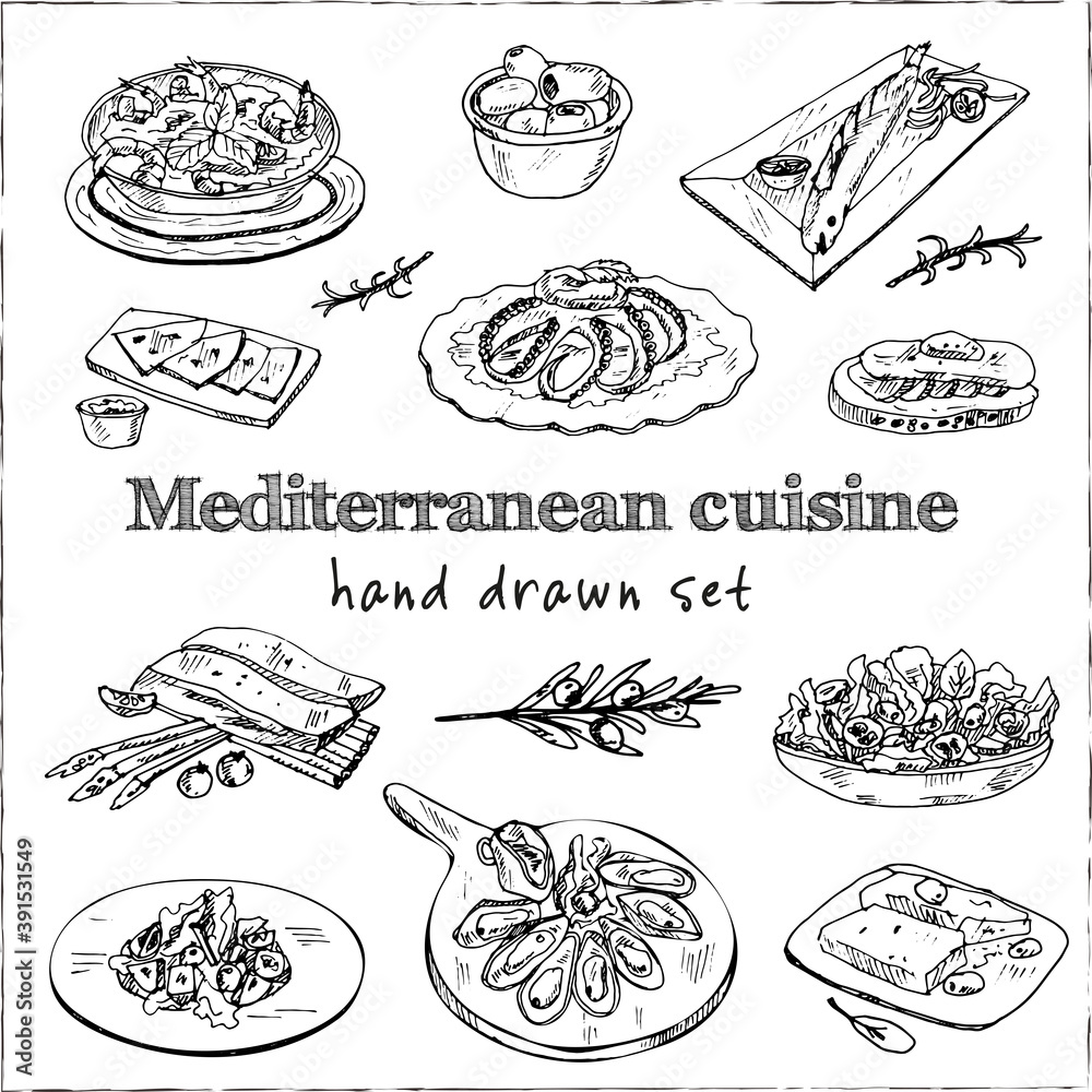 Mediterranean cuisine Vector set with food and drink hand drawn doodles. Vector illustration