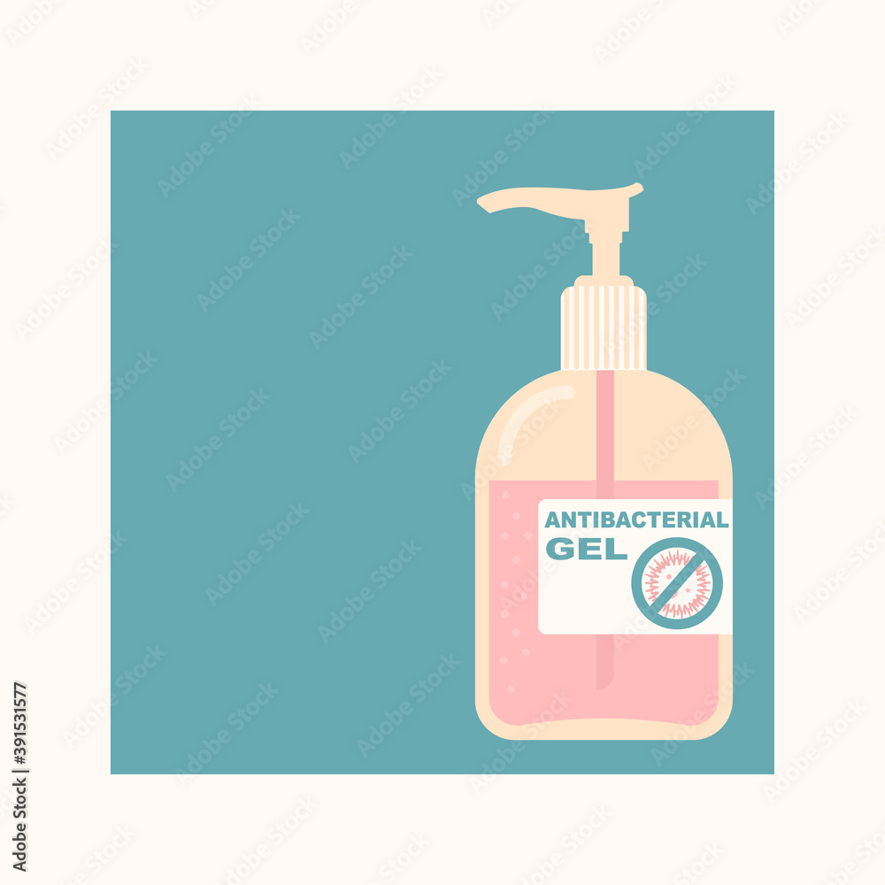 Antibacterial hand gel. Disinfector bottle with dispenser. Alcoholic liquid to protect against viruses. Vector illustration with copy space in flat style. Antibacterial hand gel. Disinfector bottle with dispenser. Alcoholic liquid to protect against viruses. Vector illustration with copy space in flat style.