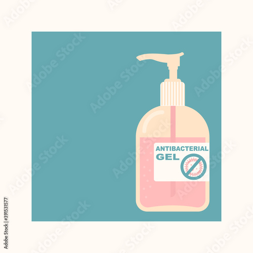 Antibacterial hand gel. Disinfector bottle with dispenser. Alcoholic liquid to protect against viruses. Vector illustration with copy space in flat style.
