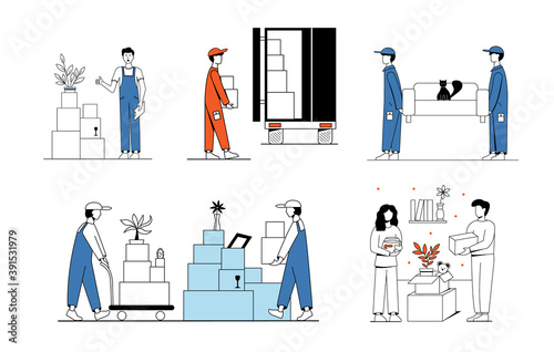 A set of illustrations on the subject of moving. Movers carry the sofa, load boxes into the truck. A couple of men and women are packing things.