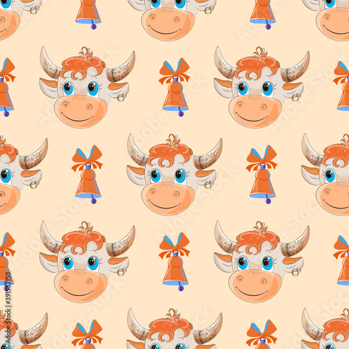 Funny bull head. Seamless pattern on an orange background with a bell and a bull. Lunar horoscope is. Happy new year 2021. Cow, Bison. Template for your design - poster, postcard, web page.