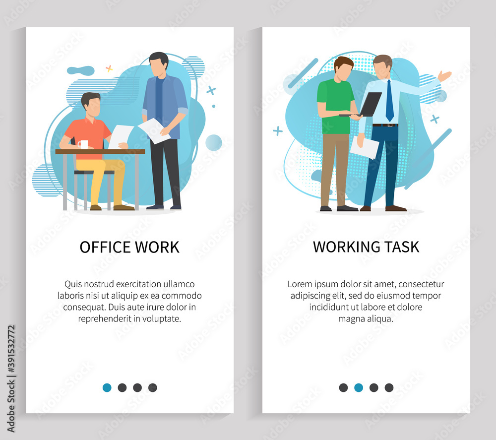 Office work and task solution vector. Working employees with laptop management decision, manager checks paperwork, colleagues busy at job. Website or slider app, landing page flat style Office work and task solution vector. Working employees with laptop management decision, manager checks paperwork, colleagues busy at job. Website or slider app, landing page flat style