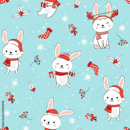 Christmas seamless pattern with bunny background, Winter pattern with white rabbit, wrapping paper, winter greetings, web page background, Christmas and New Year greeting cards