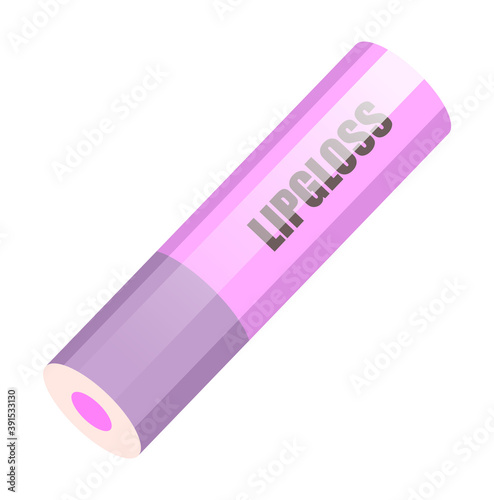 Closed lilac lip gloss tube. Lip cream plastic opaque bottle of pink color with a screw cap isolated on a white background. lip care cosmetic accessory. lipstick, pomade paints lips does makeup