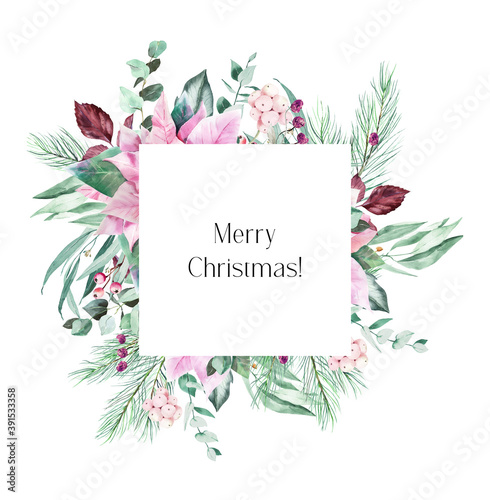 Wallpaper Mural Watercolor Pink poinsettia and eucalyptus clipart, Pink Christmas frame for greeting card, decoration for digital scrapbooking, Christmas bouquet with pink florals  Torontodigital.ca